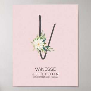 V Buchstabe Monogramm Rosafarbenes Blumen Dekor Poster