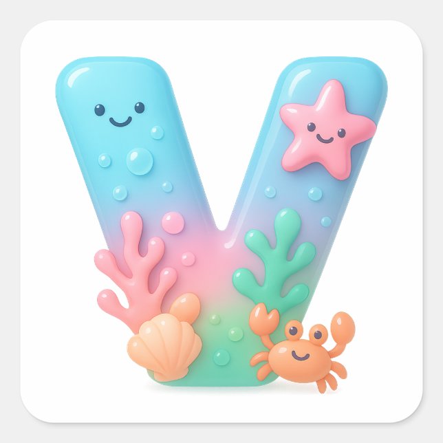"V" Cute Letter - Underwater Sea Creature  Quadratischer Aufkleber (Vorderseite)