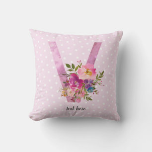 v, Floral Monogramm initial, Aquarellfarbe Blume Kissen
