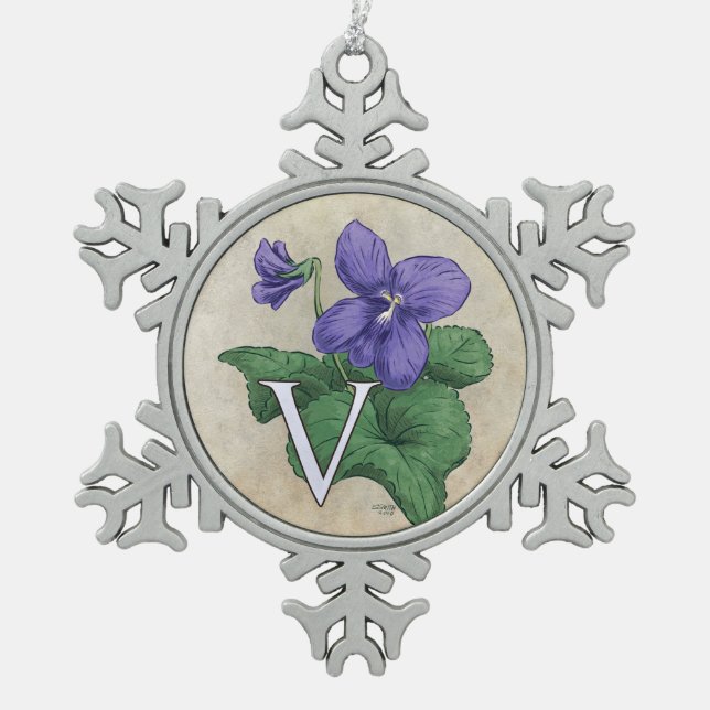 V für Veilchen-Blumen-Monogramm-Grafik Schneeflocken Zinn-Ornament (Vorderseite)