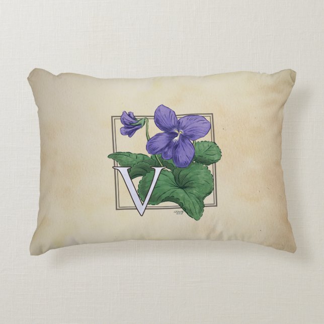 V für Veilchen-Blumen-Monogramm-Grafik Zierkissen (Vorderseite)