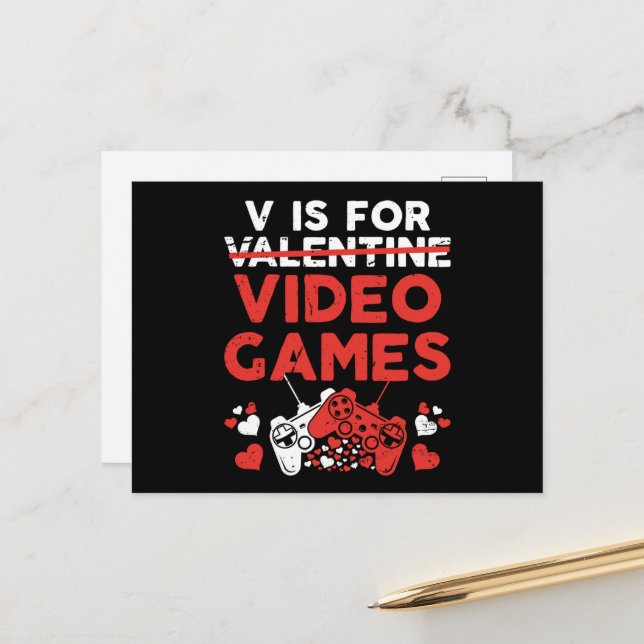 V is for Video Games Valentine Gamer Postkarte (Vorderseite/Rückseite Beispiel)