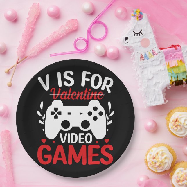 V ist für Videospiele mit Valentine Crossed Out Pappteller (Party)