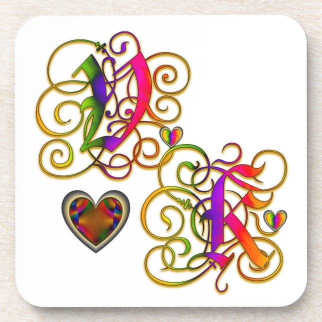 V Lieben K auf weißem Untersetzer mit Herz (Vorderseite)