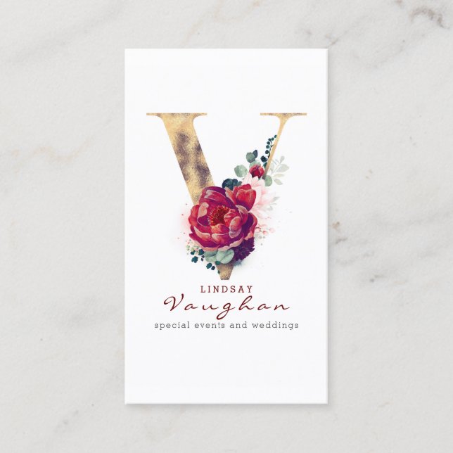 V Monogram Burgundy Red Blume and Gold Glitzer Visitenkarte (Vorderseite)