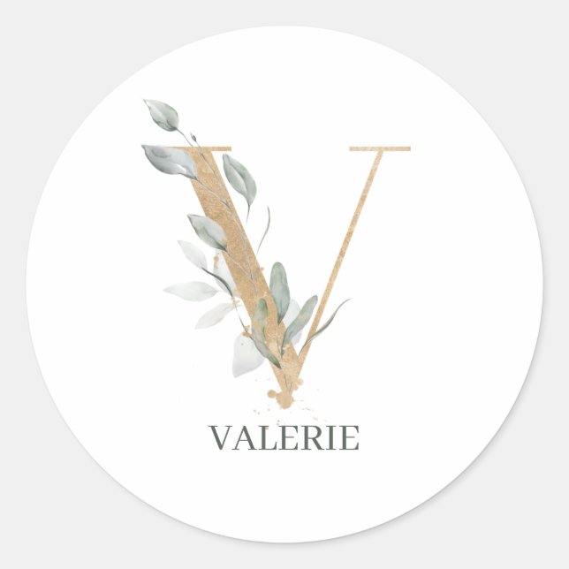 V Monogramm Floral Personalisiert Runder Aufkleber (Vorderseite)