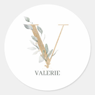 V Monogramm Floral Personalisiert Runder Aufkleber