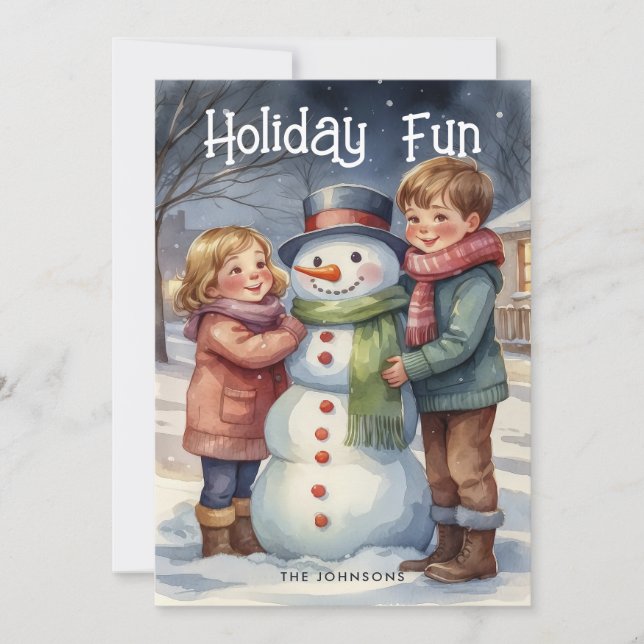 Vacances Amusement Enfants Bâtir Snowman Carte de  (Devant)