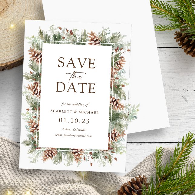 Vacances d'hiver Enregistrer la carte Date (Winter Holiday Pine Greenery Save The Date Card by Painted Paperie
)