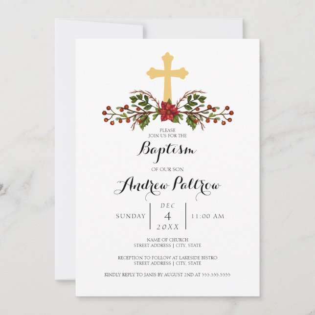 Vacances Wreath Gold Cross Baptism Invitation (Devant)