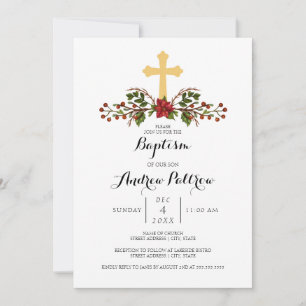 Vacances Wreath Gold Cross Baptism Invitation