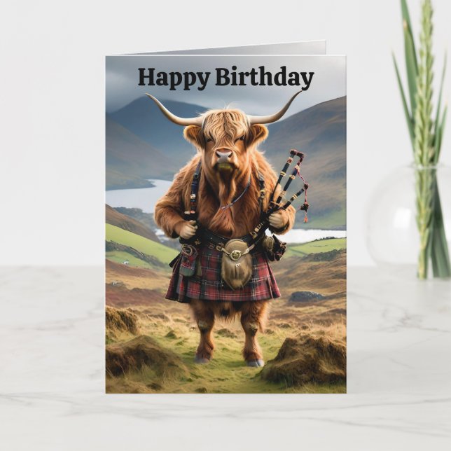 Vache Amusante Highland Avec Bagpipes, Carte Anniv (Devant)