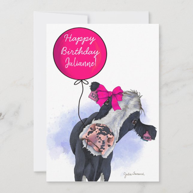 Vache avec carte de ballon rose pour l'anniversair (Devant)