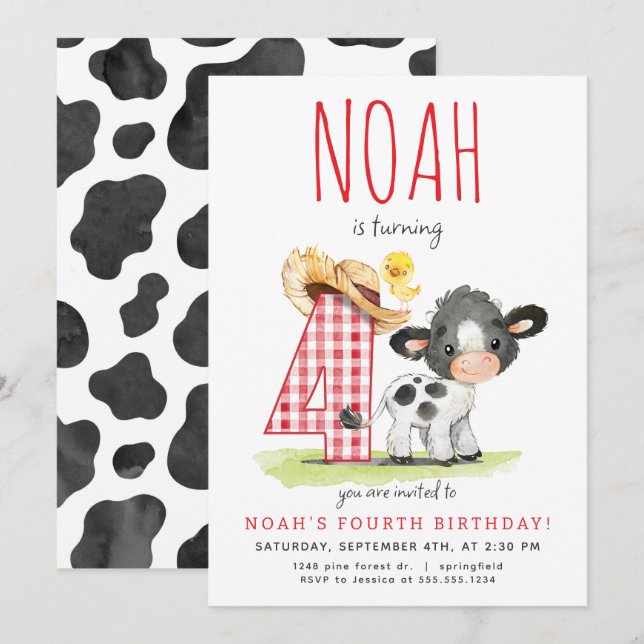 Vache de ferme Invitation à l'anniversaire quatriè (Devant / Derrière)
