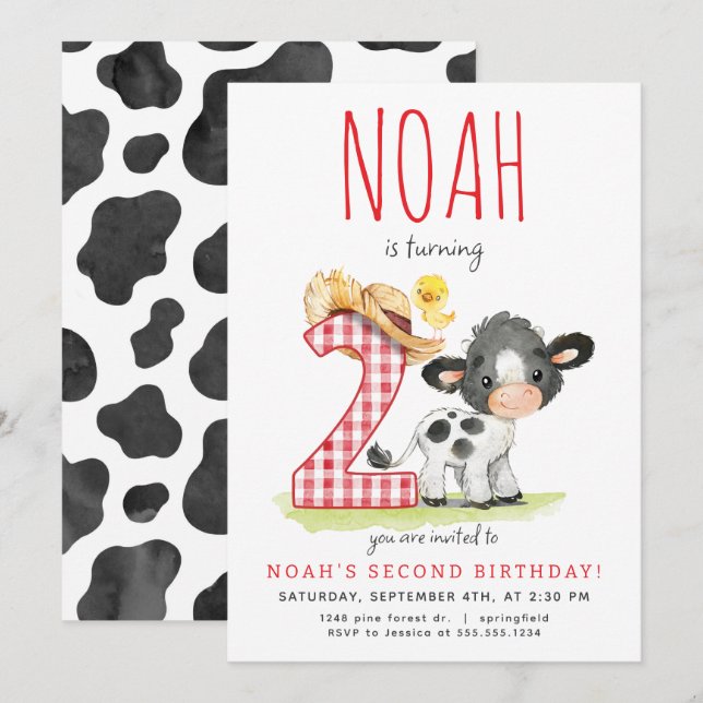 Vache de ferme Invitation pour le deuxième anniver (Devant / Derrière)