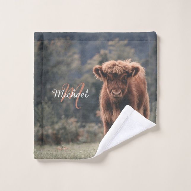 Vache de Highland calvaire herbe d'automne monogra (Gant de toilette)