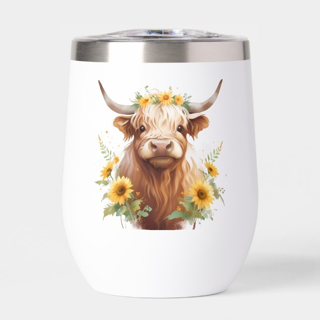 Vache Highland avec Couronne de fleurs de tourneso (Avant)