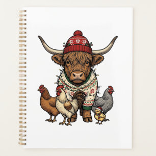 Vache Highland et poulets de Noël Gravure Vintage