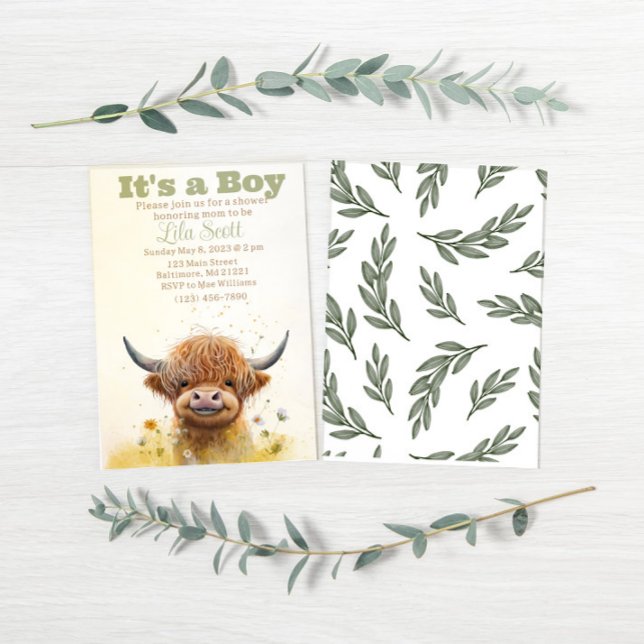 Vache Highland, invitation de baby shower garçon (Créateur téléchargé)