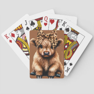 Vache Highland mignonne avec des cartes de jeu Bow