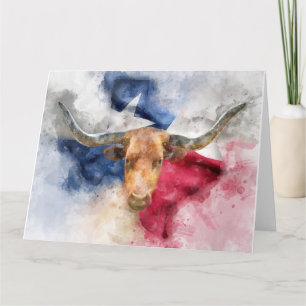 Vache Longhorn avec Texas Drapeau Carte Aquarelle