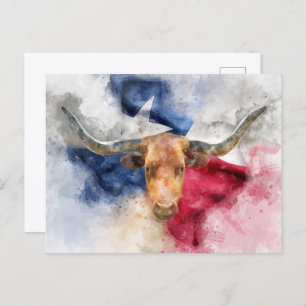 Vache Longhorn avec Texas Drapeau Carte Aquarelle