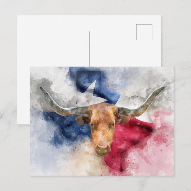 Vache Longhorn avec Texas Drapeau Carte Aquarelle (Devant / Derrière)