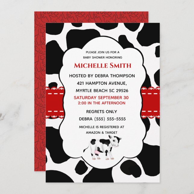 Vache mignonne Imprimer rouge noir Invitation (Devant / Derrière)