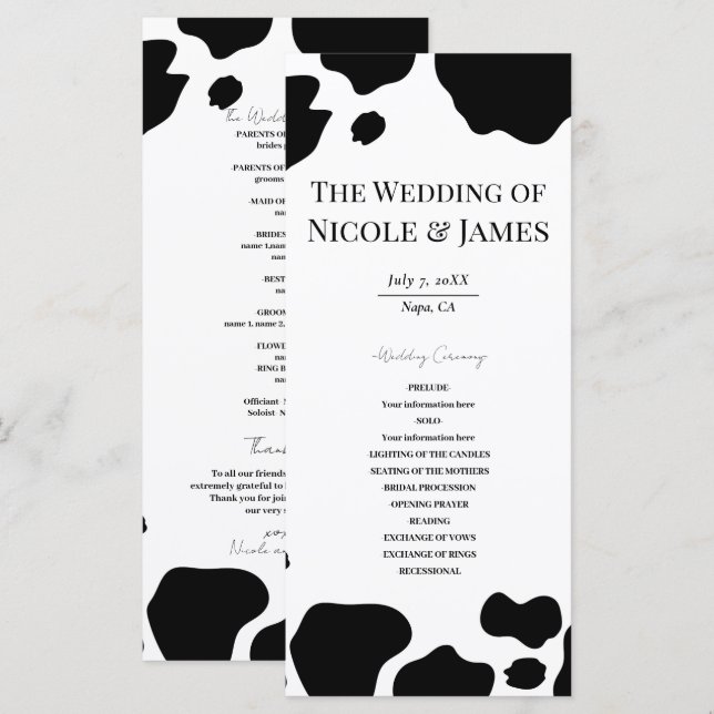 Vache Tachetée Impression Mariage Programme Noir B (Devant / Derrière)