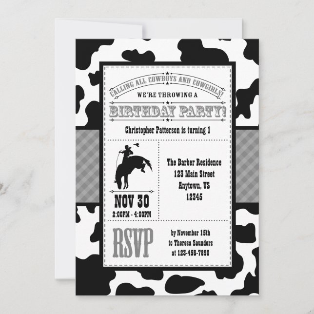 Vachette gris gris Cowboy Invitation Anniversaire (Devant)