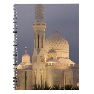 VAE, Dubai. Moschee am Abend mit Burj al Arab Notizblock