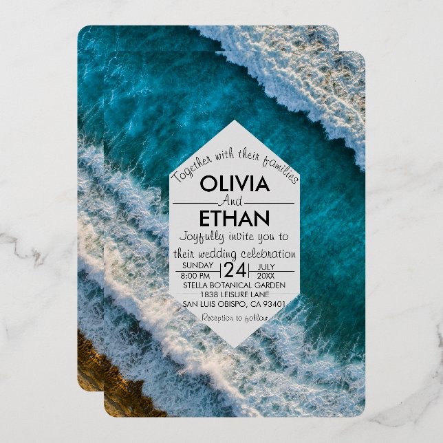 vague marine moderne Mariage Foil Invitation (Recto/Verso)