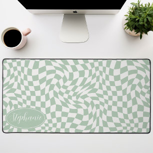 Vague Rétro : Damier Vert Menthe Moderne Ondulé