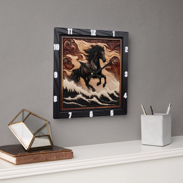Vague sculptée Galloping Bois Horloge Cheval (Bureau)