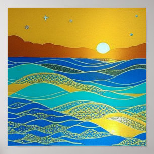 Vagues détaillées pendant une affiche de coucher d