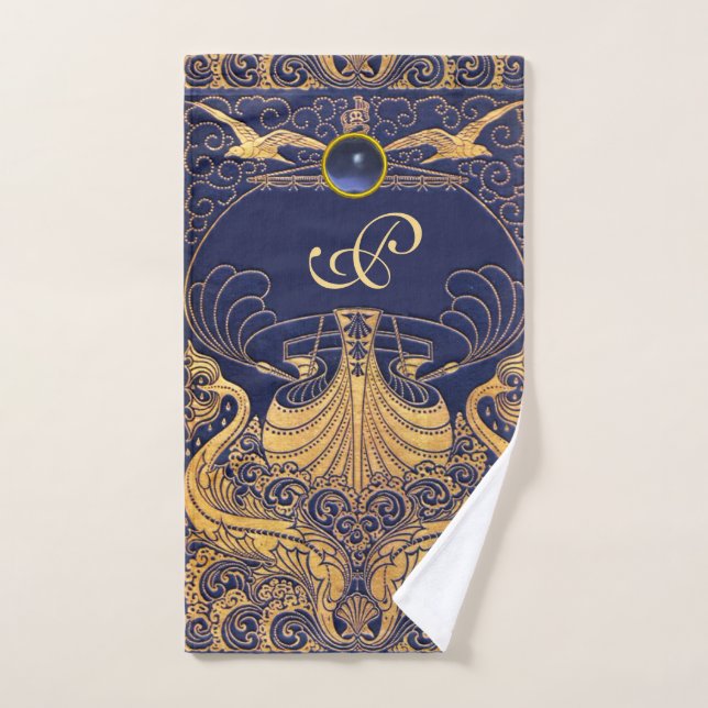 Vaisseau antique, Dauphins, Or, Monogramme bleu ma (Serviette à main)