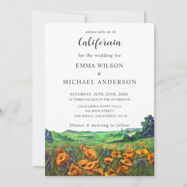 Val California Poppies Landschaft Floral Wedding Einladung (Vorderseite)