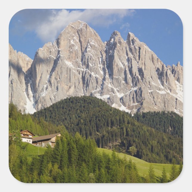 Val di Funes, Villnosstal, Dolomiten, Italien Quadratischer Aufkleber (Vorderseite)