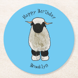 Valais Blacknose sheep cartoon illustration Runder Pappuntersetzer