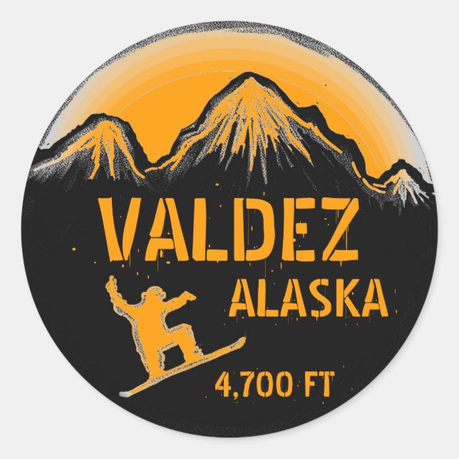 Valdez Alaska Orangen-Snowboardkunstaufkleber Runder Aufkleber (Vorderseite)