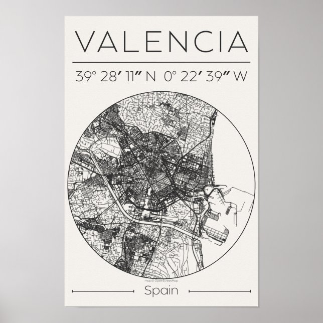 Valencia City Map Poster Minimal Charcoal Wall Art (Vorne)