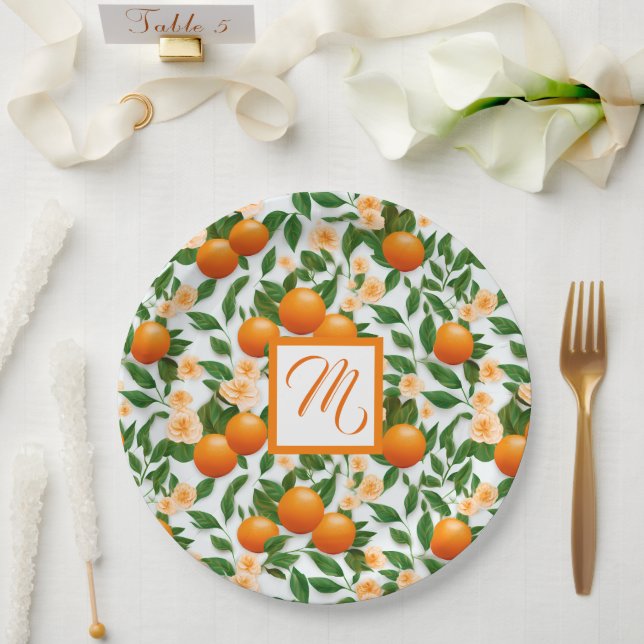 Valencia Orangenblüten Monogramm Pappteller (Hochzeit)