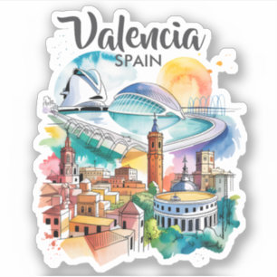 Valencia Spanien Stadtlandschaft Aquarell Reise in Aufkleber