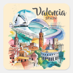 Valencia Spanien Stadtlandschaft Aquarell Reise in Quadratischer Aufkleber