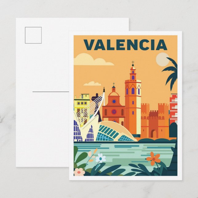 Valencia Spanien Vintage Illustrationsreise Postkarte (Vorne/Hinten)