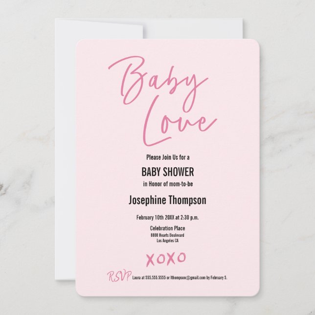 Valentine Baby Liebe Sweet Pink XOXO Babydusche Einladung (Vorderseite)