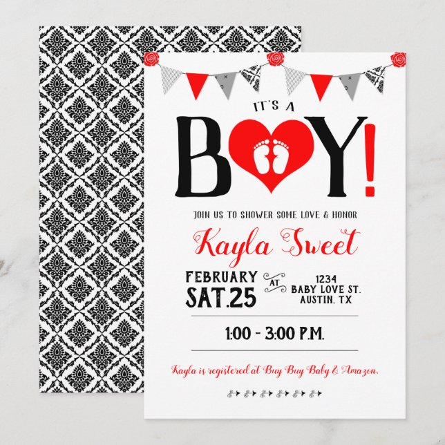 Valentine Baby Shower Einladung Es ist ein Junge (Vorne/Hinten)