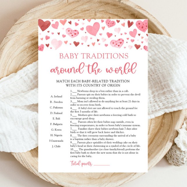 Valentine Baby Traditionen rund um das Weltspiel Einladung (Watercolor Pink Hearts Valentine Sweetheart Girl Baby Traditions Around The World Baby Shower Game)