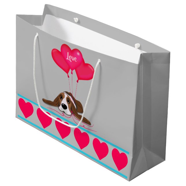 Valentine Basset Hound Große Geschenktüte (Vorderseite Schrägansicht)