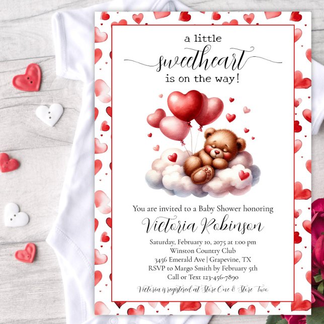 Valentine Bear Baby Dusche Einladung (Cute Valentine bear baby shower invitation. This design works for a boy, girl or gender reveal.)